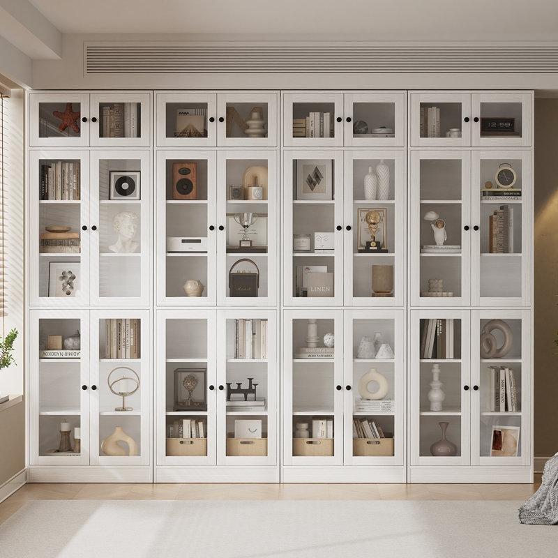 Beyaz MDF 7 Raflı 3 Çekmeceli Modüler Cam Kapaklı Kitaplık - 240x221 cm - 238542
