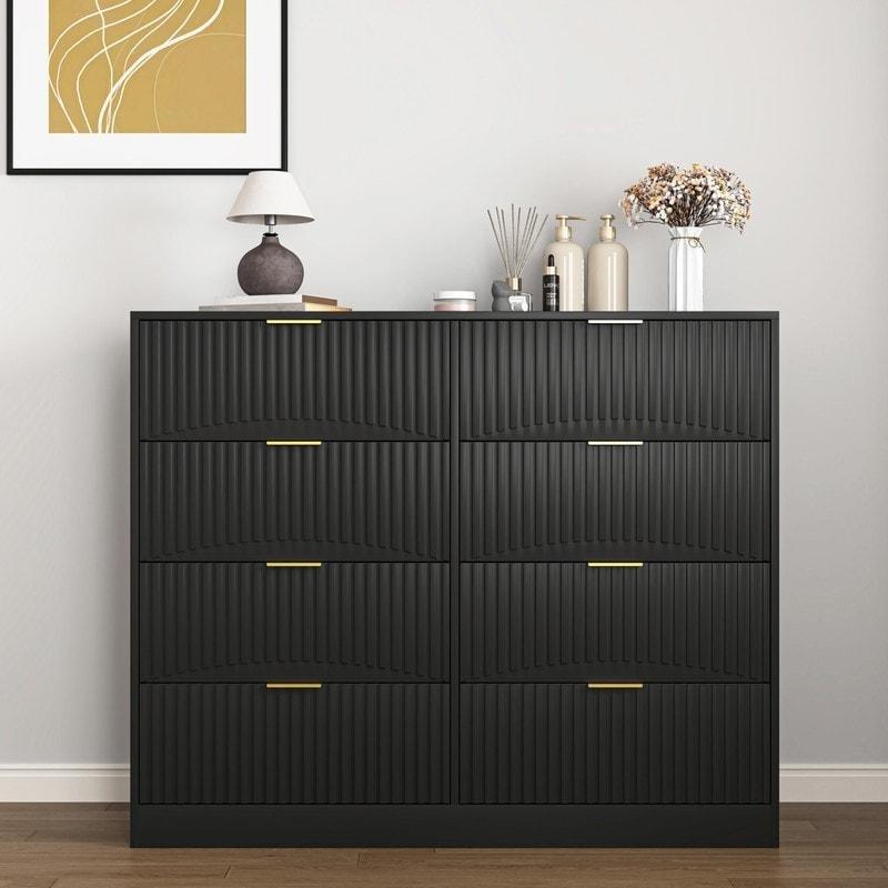 Beyaz MDF 8 Çekmeceli Gold Kulplu Dalgalı Tasarım Şifonyer - 120 cm - 302349