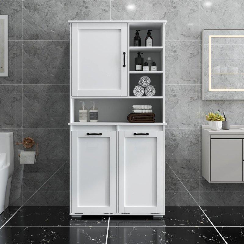 Beyaz MDF Açılır Kirli Sepetli Ayarlanabilir Raflı Çok Amaçlı Banyo Dolabı - 81x41x161 cm - 334047