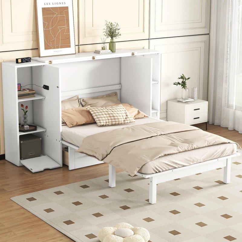 Beyaz MDF Ahşap Çekmeceli Raflı ve USB Portlu Dolaplı Duvar Yatağı - 262481