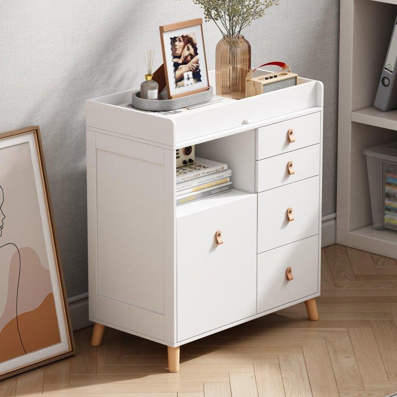 Beyaz MDF Alt Değiştirme Üniteli Deri Kulplu Şifonyer - 86x100x46 cm - 310653