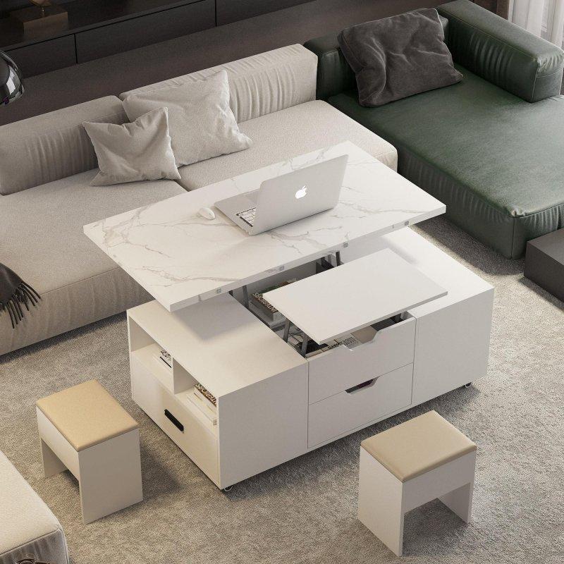Beyaz MDF Asansörlü 2 Tabureli Akıllı Sehpa - 116x60x48 cm - 254519