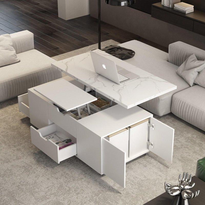 Beyaz MDF Asansörlü 2 Tabureli Akıllı Sehpa - 116x60x48 cm - 254519