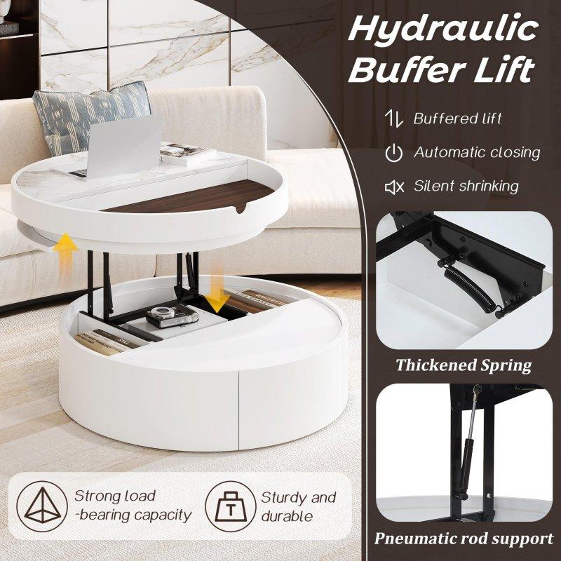 Beyaz MDF Asansörlü Çekmeceli Depolama Alanlı Yuvarlak Orta Sehpa - 75 cm - 242042
