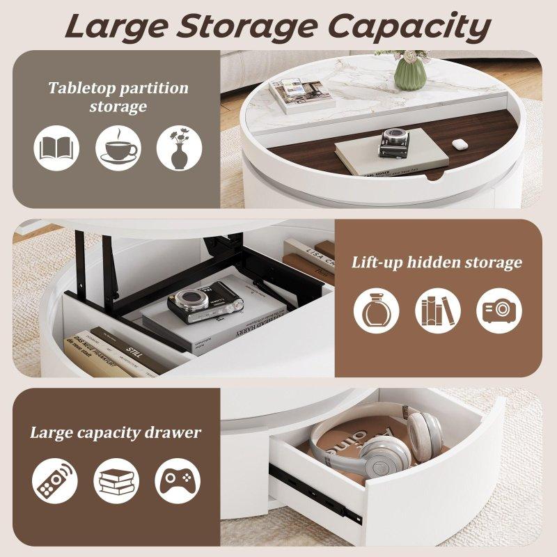 Beyaz MDF Asansörlü Çekmeceli Depolama Alanlı Yuvarlak Orta Sehpa - 75 cm - 242042