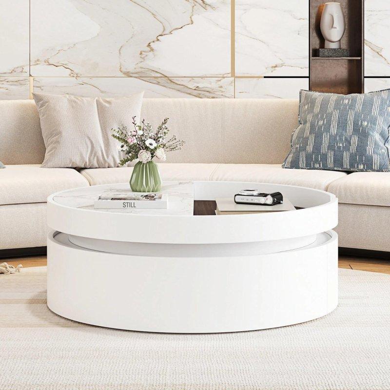 Beyaz MDF Asansörlü Çekmeceli Mermer ve Ceviz Dokulu Yuvarlak Akıllı Sehpa - 75x30 cm - 253475