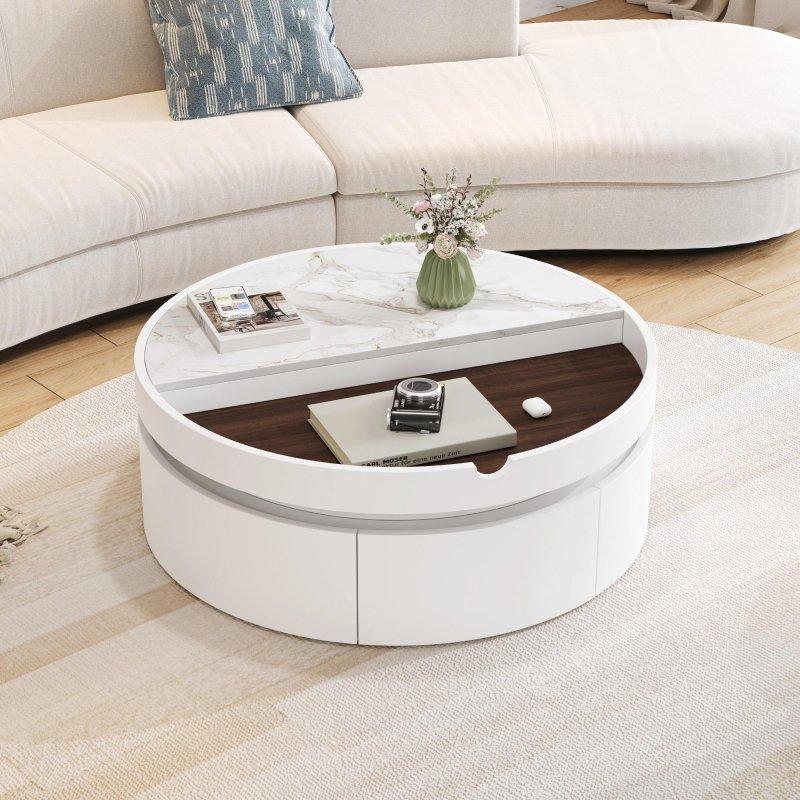 Beyaz MDF Asansörlü Çekmeceli Mermer ve Ceviz Dokulu Yuvarlak Akıllı Sehpa - 75x30 cm - 253475