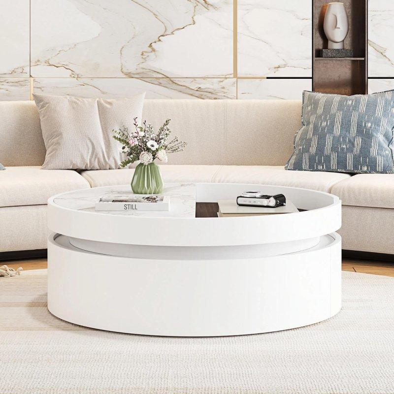 Beyaz MDF Asansörlü Depolamalı Yuvarlak Akıllı Sehpa - 75 cm - 253468