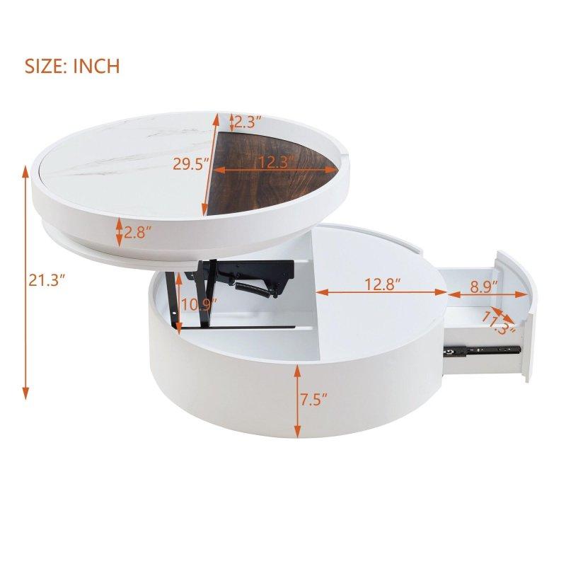 Beyaz MDF Asansörlü Depolamalı Yuvarlak Akıllı Sehpa - 75 cm - 253468
