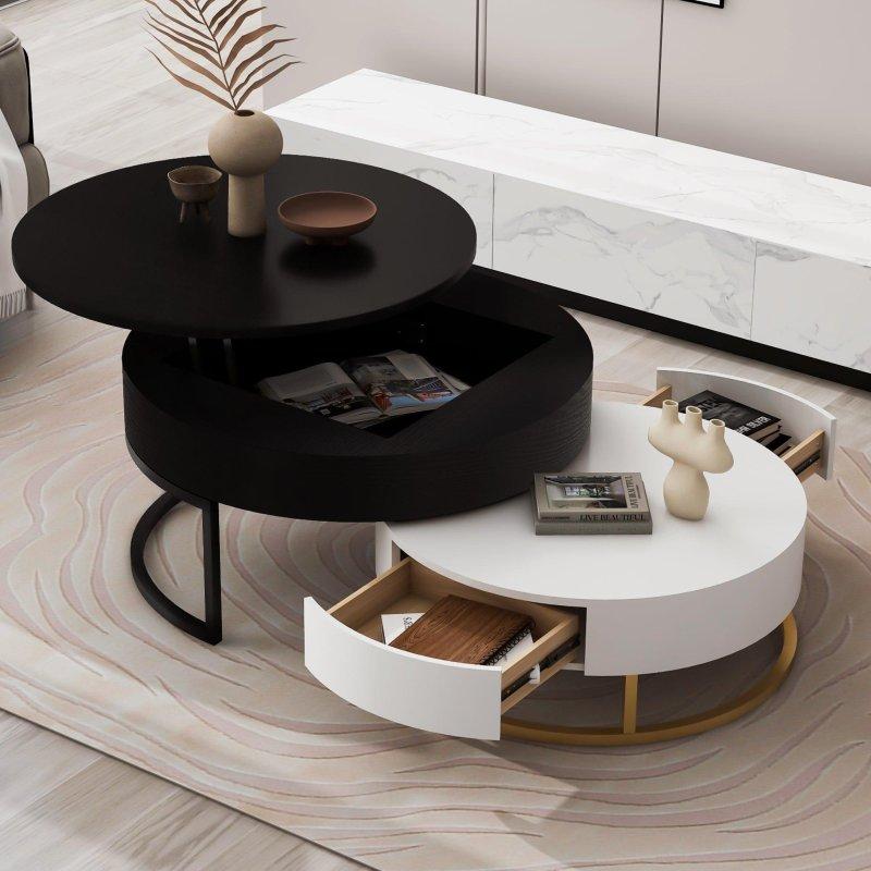 Beyaz MDF Asansörlü ve 2 Çekmeceli İç İçe Geçen Yuvarlak Orta Sehpa Seti - 81 cm - 241889
