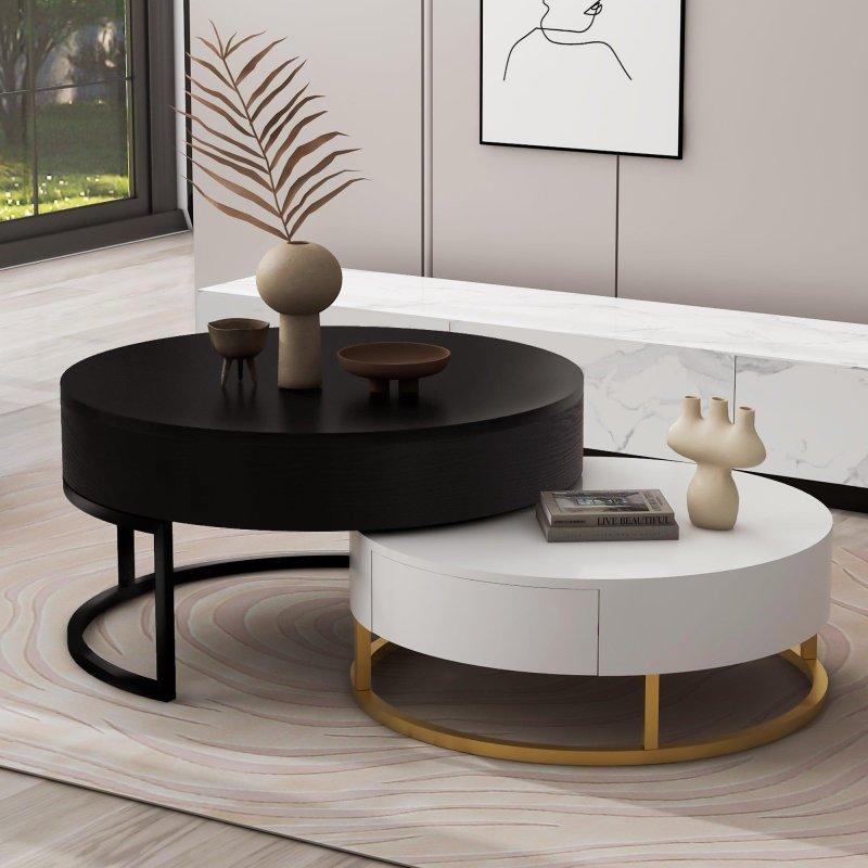 Beyaz MDF Asansörlü ve 2 Çekmeceli İç İçe Geçen Yuvarlak Orta Sehpa Seti - 81 cm - 241889