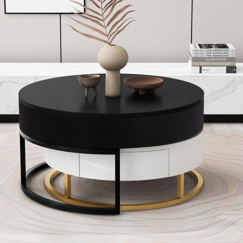 Beyaz MDF Asansörlü ve 2 Çekmeceli İç İçe Geçen Yuvarlak Orta Sehpa Seti - 81 cm - 241889