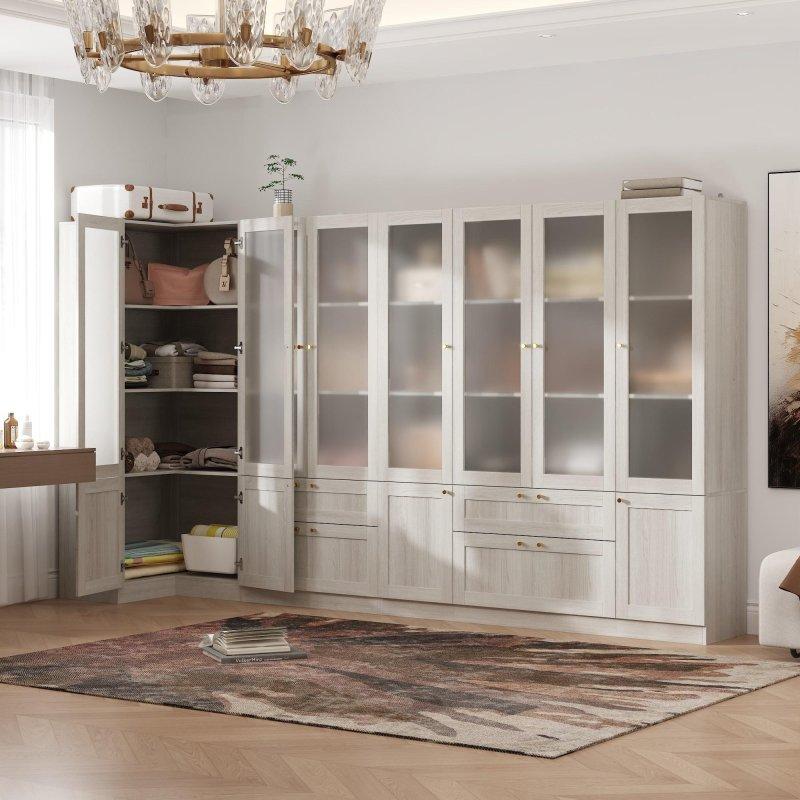 Beyaz MDF Ayarlanabilir Raflı Çekmeceli Gold Kulplu Buzlu Cam Kapaklı Kitaplık - 239133