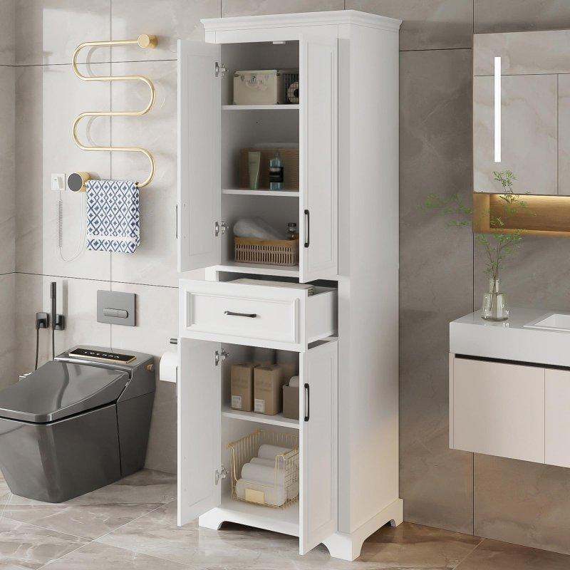Beyaz MDF Ayarlanabilir Raflı Çekmeceli Yavaş Kapanır Kapaklı Çok Amaçlı Banyo Dolabı - 180 cm - 333743