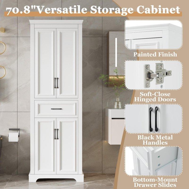 Beyaz MDF Ayarlanabilir Raflı Çekmeceli Yavaş Kapanır Kapaklı Çok Amaçlı Banyo Dolabı - 180 cm - 333743