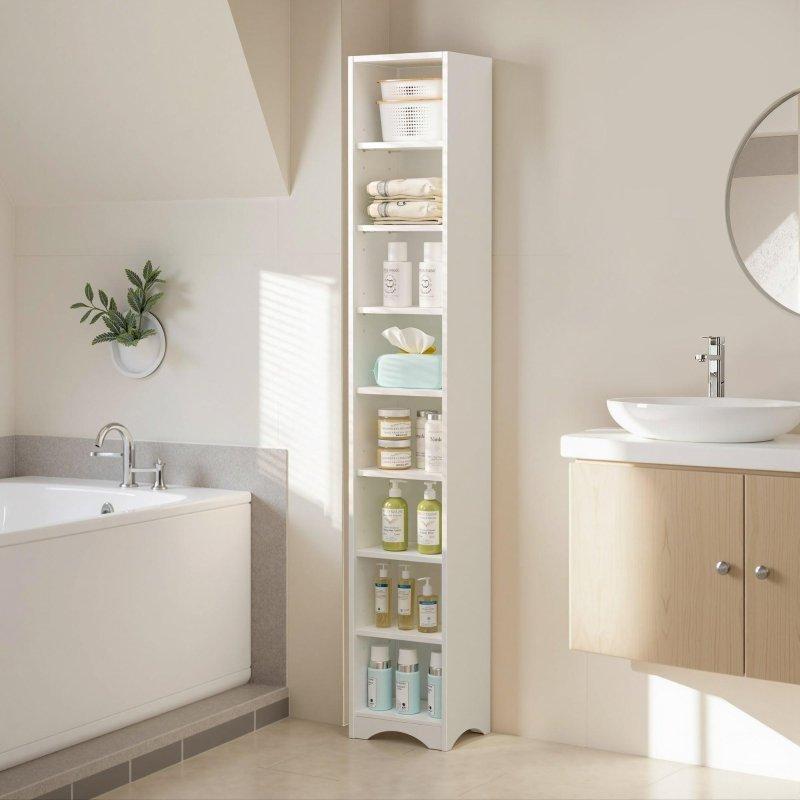 Beyaz MDF Ayarlanabilir Raflı Dar Çok Amaçlı Banyo Dolabı - 181 cm - 333624
