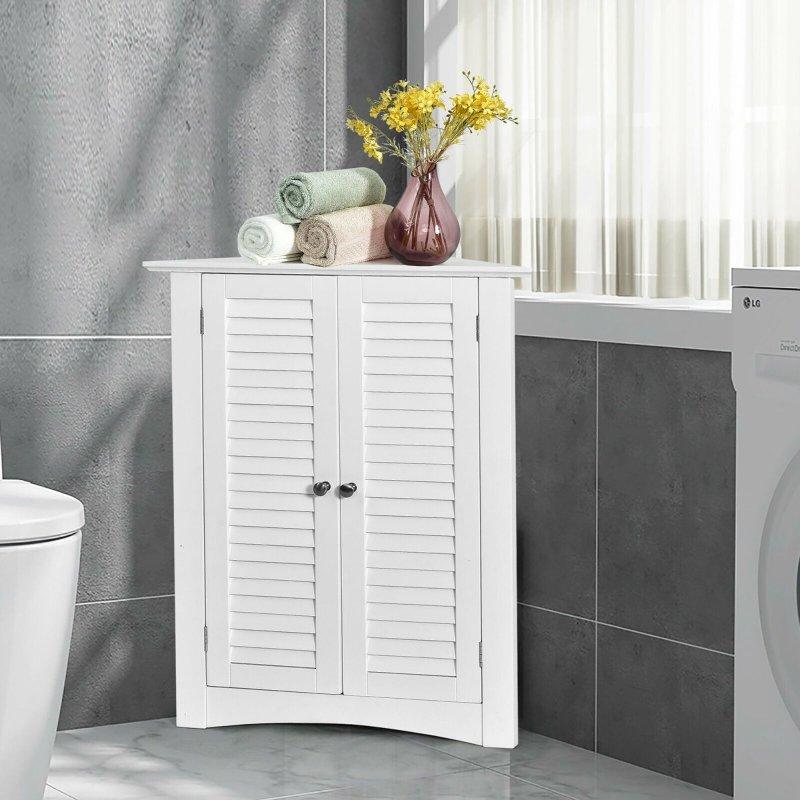 Beyaz MDF Ayarlanabilir Raflı Panjur Kapaklı Köşe Tipi Çok Amaçlı Banyo Dolabı - 65x34x81 cm - 333526