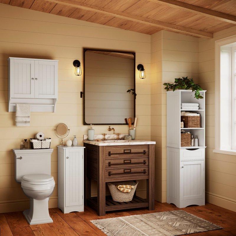 Beyaz MDF Ayarlanabilir Raflı ve Çekmeceli Çok Amaçlı Banyo Dolabı - 28x35x82 cm - 333711
