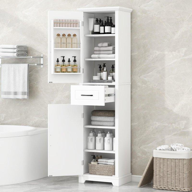 Beyaz MDF Ayarlanabilir Raflı ve Çekmeceli Çok Amaçlı Banyo Dolabı - 51x30x185 cm - 334460