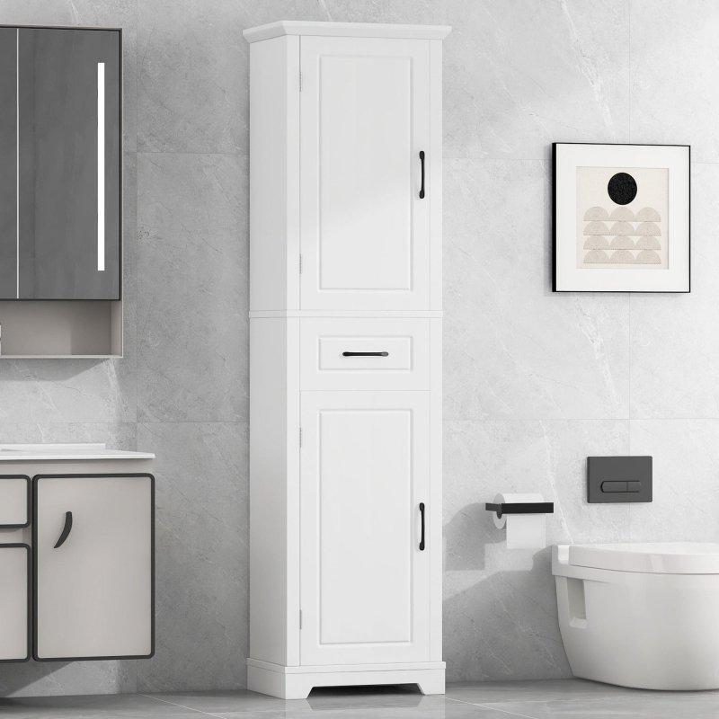 Beyaz MDF Ayarlanabilir Raflı ve Çekmeceli Çok Amaçlı Banyo Dolabı - 51x30x185 cm - 334460 Beyaz MDF Ayarlanabilir Raflı ve Çekmeceli Çok Amaçlı Banyo Dolabı - 51x30x185 cm - 334460