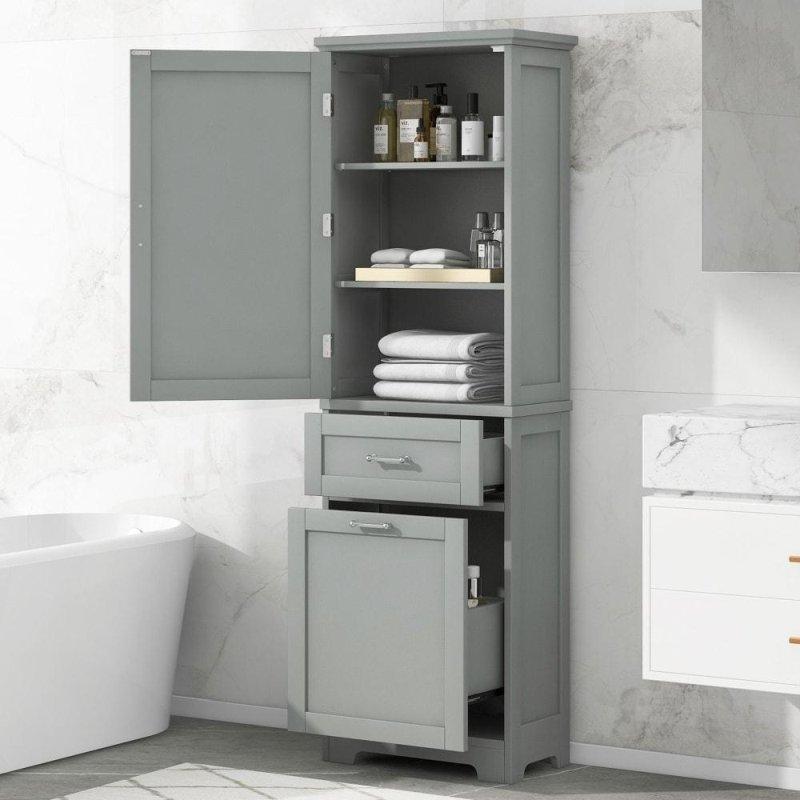Beyaz MDF Ayarlanabilir Raflı ve İki Çekmeceli Çok Amaçlı Banyo Dolabı - 51x35x174 cm - 334307