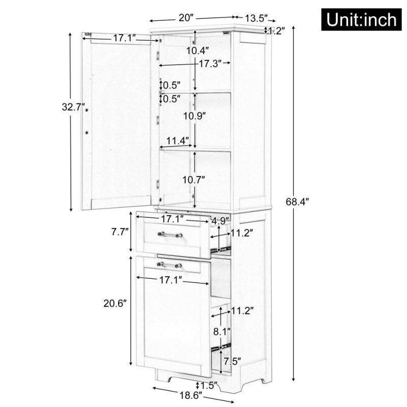 Beyaz MDF Ayarlanabilir Raflı ve İki Çekmeceli Çok Amaçlı Banyo Dolabı - 51x35x174 cm - 334307