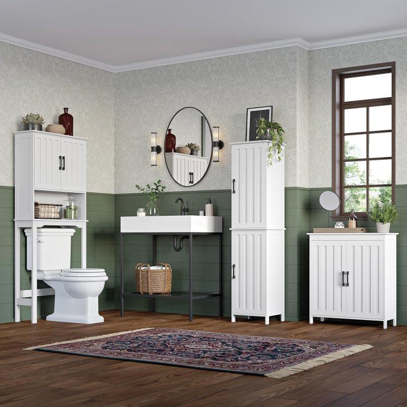 Beyaz MDF Ayarlanabilir Raflı Yavaş Kapanır Kapaklı Çok Amaçlı Banyo Dolabı - 38x34x153 cm - 334130