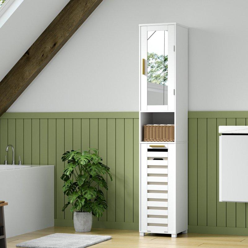 Beyaz MDF Aynalı Kirli Sepetli ve Ayarlanabilir Raflı Çok Amaçlı Banyo Dolabı - 33x31x170 cm - 333584