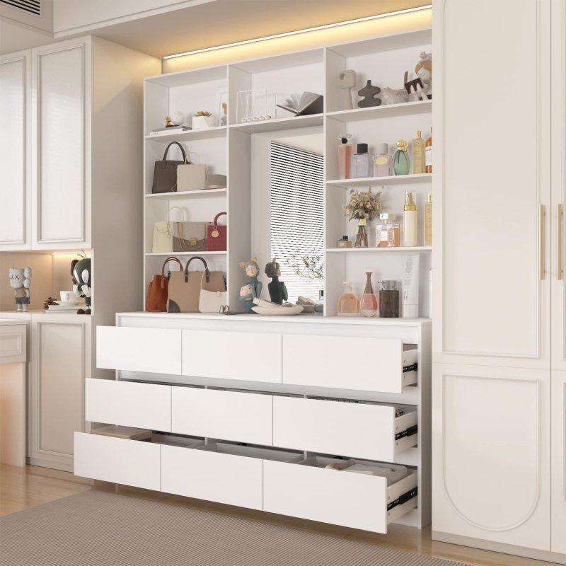 Beyaz MDF Aynalı ve 9 Çekmeceli Açık Raflı Şifonyer - 161x40x200 cm - 302891