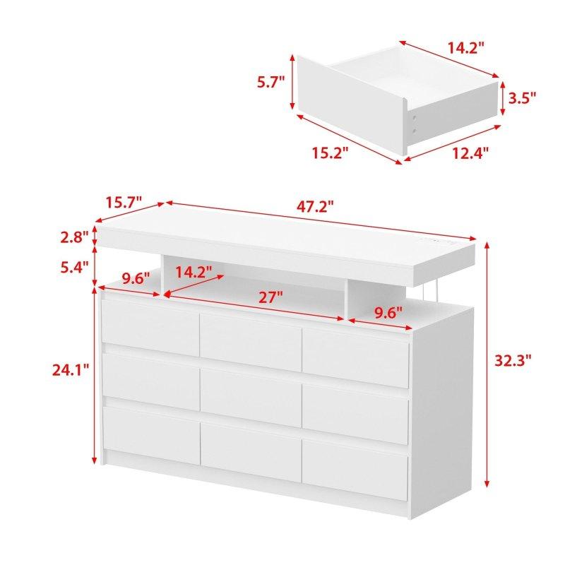 Beyaz MDF Bluetooth Kontrollü LED Işıklı ve USB Şarjlı 9 Çekmeceli Şifonyer - 301374