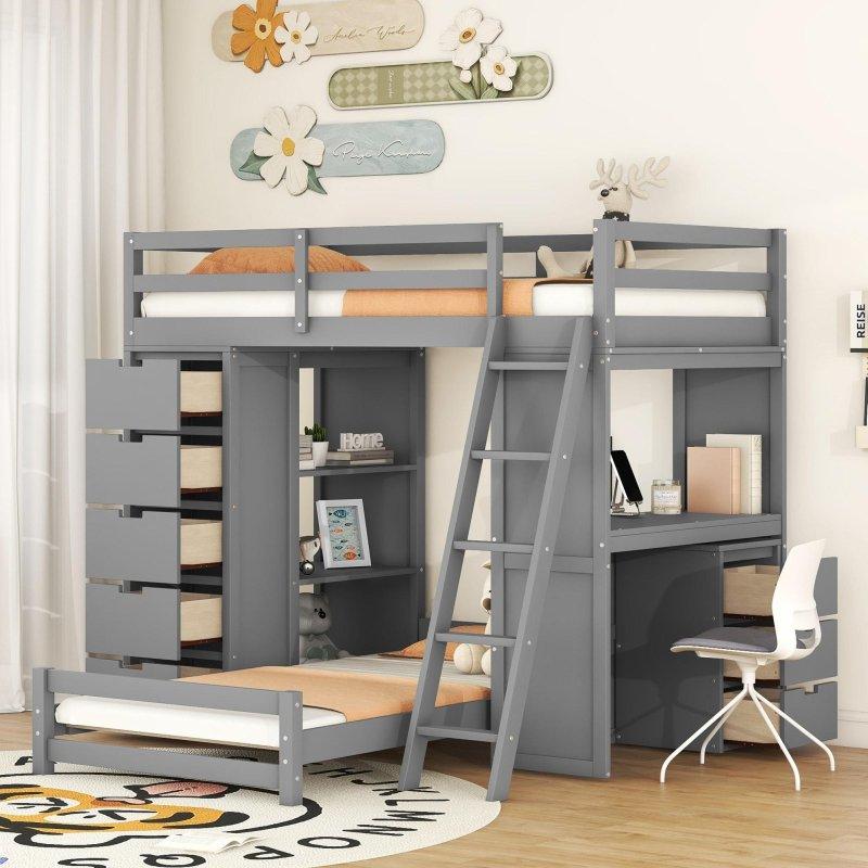 Beyaz MDF Çalışma Masalı 8 Çekmeceli ve LED Işıklı Ranza - 249496