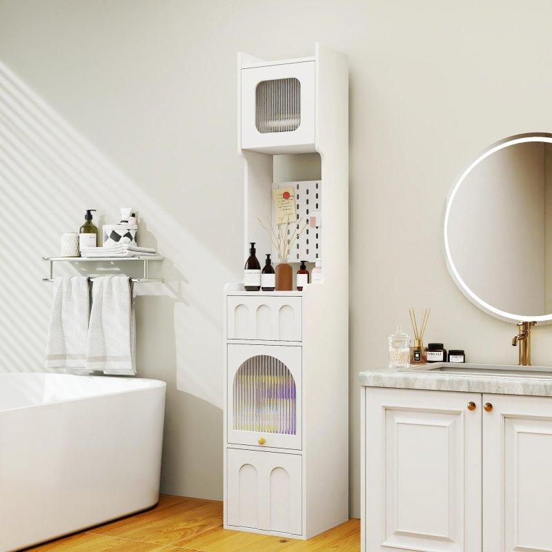 Beyaz MDF Cam Kapaklı Ayarlanabilir Raflı ve Çekmeceli Çok Amaçlı Banyo Dolabı - 181 cm - 333955