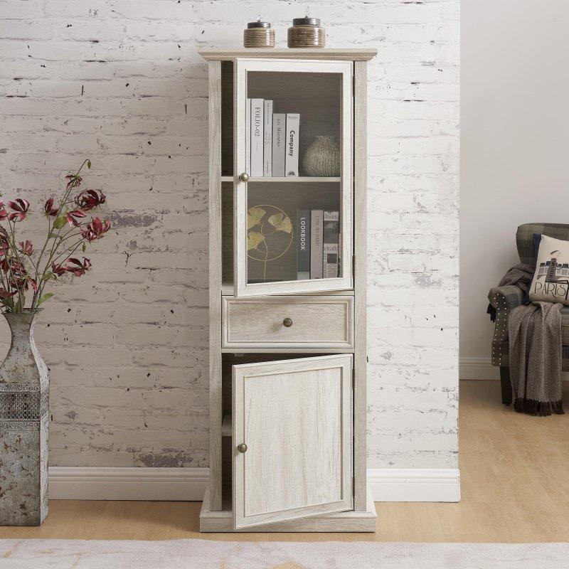 Beyaz MDF Cam Kapaklı Çekmeceli Ayarlanabilir Raflı Çok Amaçlı Banyo Dolabı - 60x39x165 cm - 333419