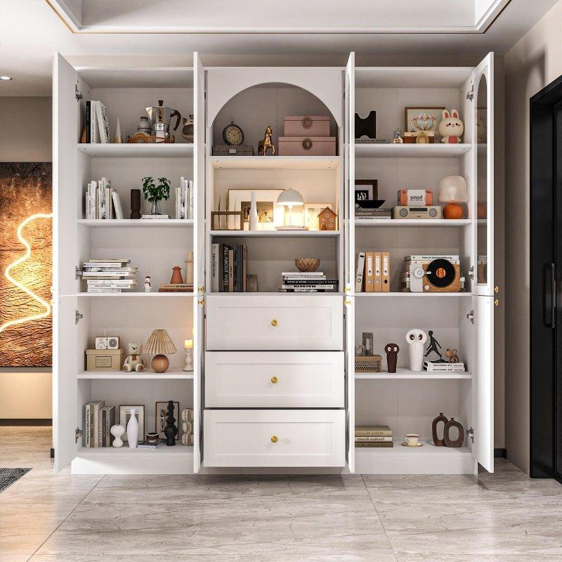 Beyaz MDF Cam Kapaklı Çekmeceli Kemerli Raflı Kitaplık - 181x181x30 cm - 316727