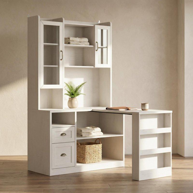 Beyaz MDF Cam Kapaklı Çekmeceli Köşe Kitaplık - 120x118x199 cm - 318087