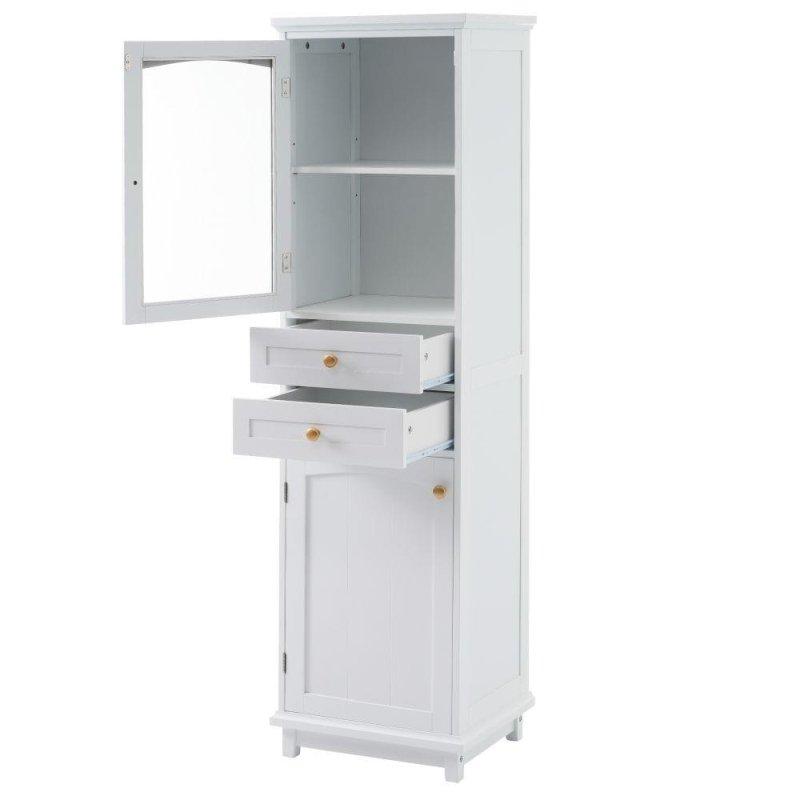 Beyaz MDF Cam Kapaklı ve Çekmeceli Ayarlanabilir Raflı Çok Amaçlı Banyo Dolabı - 46x37x160 cm - 334382