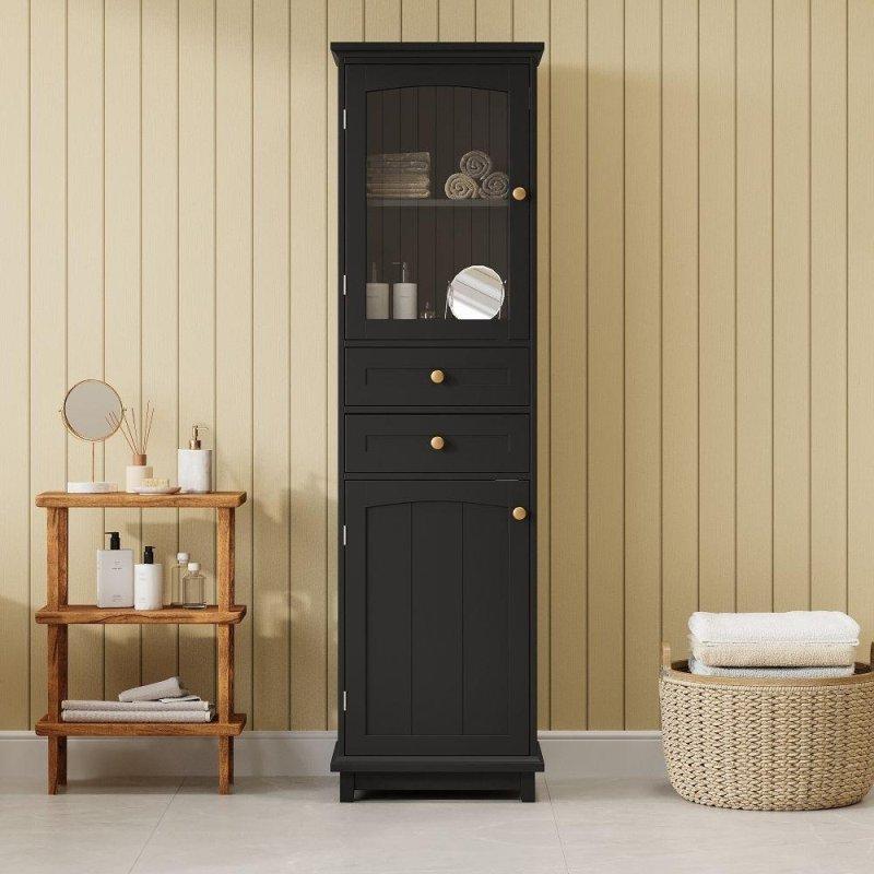 Beyaz MDF Cam Kapaklı ve Çekmeceli Ayarlanabilir Raflı Çok Amaçlı Banyo Dolabı - 46x37x160 cm - 334382