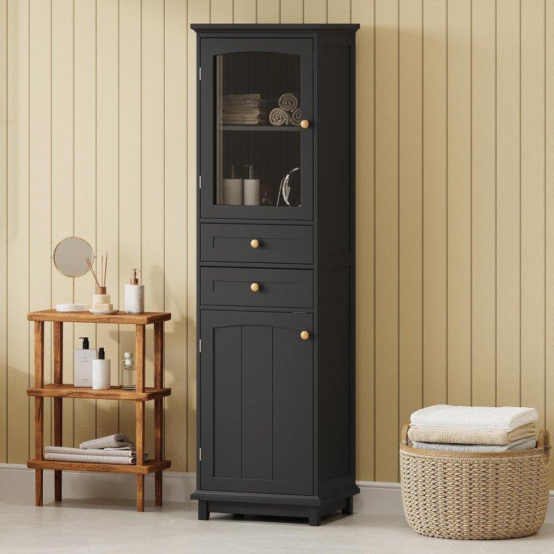 Beyaz MDF Cam Kapaklı ve Çekmeceli Çok Amaçlı Banyo Dolabı - 46x37x160 cm - 333591