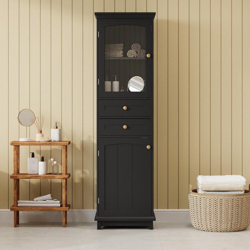Beyaz MDF Cam Kapaklı ve Çekmeceli Çok Amaçlı Banyo Dolabı - 46x37x160 cm - 333591