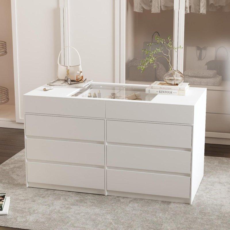Beyaz MDF Cam Tablalı 12 Çekmeceli Ada Tipi Şifonyer - 161x91 cm - 298684