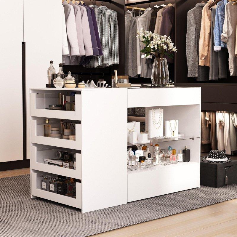 Beyaz MDF Cam Tablalı Sekiz Çekmeceli Ada Şifonyer - 120x60x80 cm - 305462