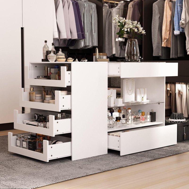 Beyaz MDF Cam Tablalı Sekiz Çekmeceli Ada Şifonyer - 120x60x80 cm - 305462
