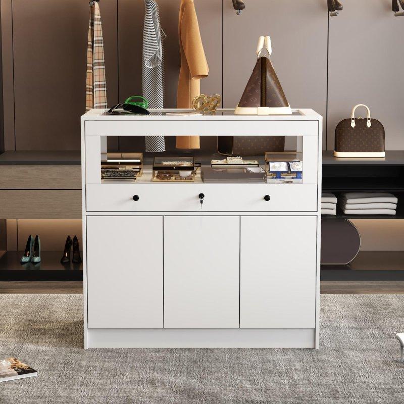 Beyaz MDF Cam Tezgâhlı Kilitli Şifonyer - 101x51x101 cm - 302843