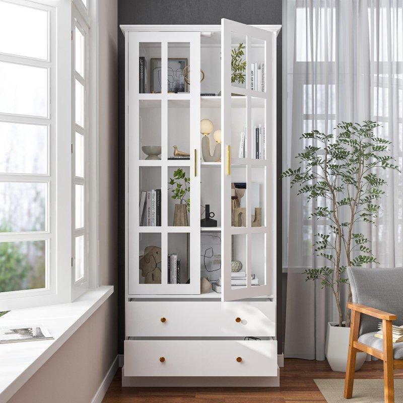 Beyaz MDF Çekmeceli Cam Kapaklı Kitaplık - 179 cm - 312329