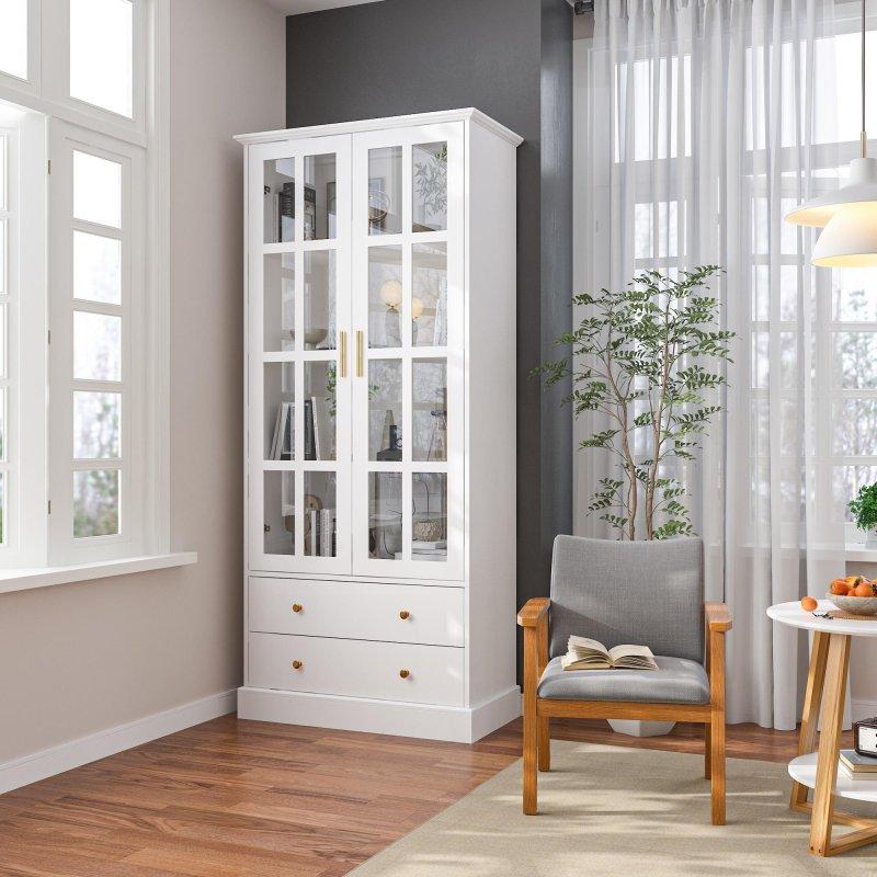 Beyaz MDF Çekmeceli Cam Kapaklı Kitaplık - 179 cm - 312329