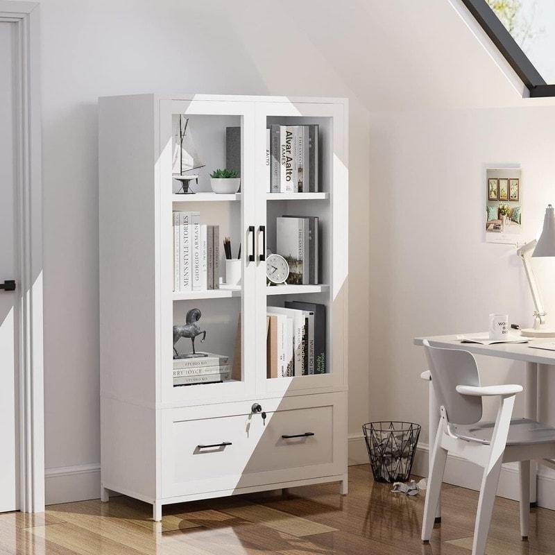 Beyaz MDF Çekmeceli Cam Kapaklı Kitaplık - 76x141x41 cm - 239145