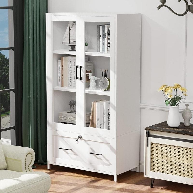 Beyaz MDF Çekmeceli Cam Kapaklı Kitaplık - 76x141x41 cm - 239145