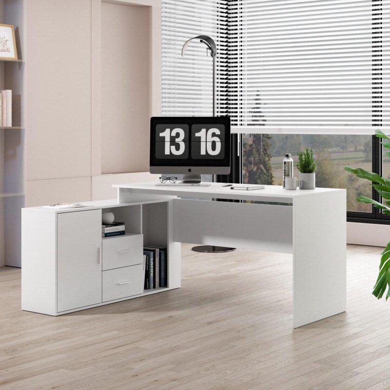 Beyaz MDF Çekmeceli Dolaplı Raflı L Tipi Ofis Masası - 140x120 cm - 327366