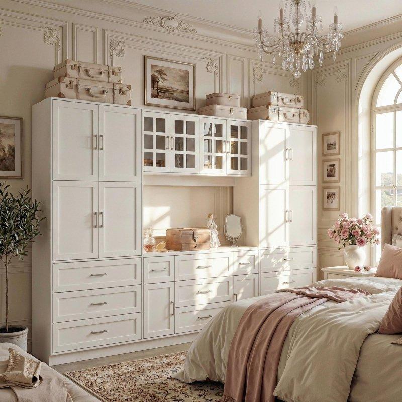 Beyaz MDF Çekmeceli Raflı Cam Kapaklı Kitaplık - 280x200x40 cm - 238917