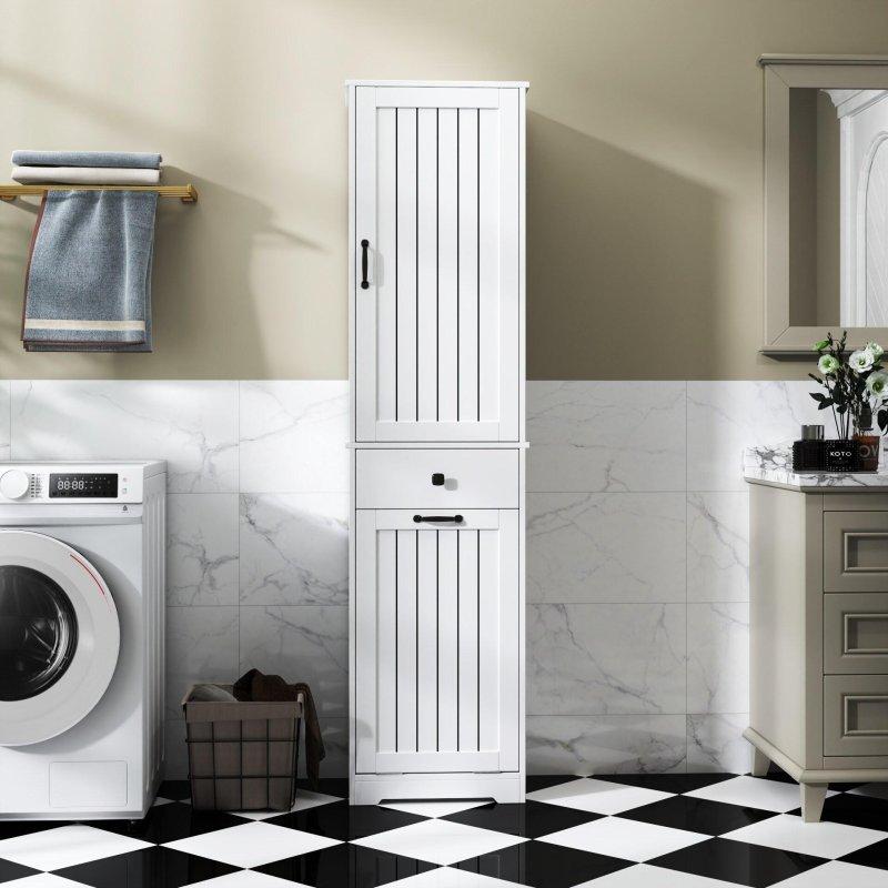Beyaz MDF Çekmeceli Raflı Kirli Sepetli Çok Amaçlı Banyo Dolabı - 180 cm - 333769